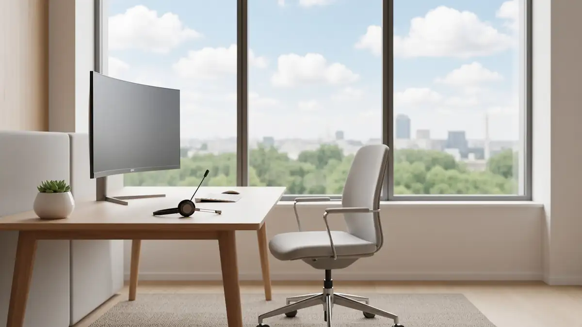 Recepção vazia de um prédio de vidro, com uma cadeira afastada da mesa e o céu refletido na fachada