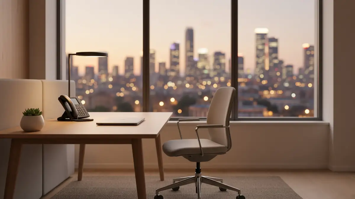Mesa de escritório ao anoitecer com o telefone fora do gancho e a cidade desfocada atrás do vidro