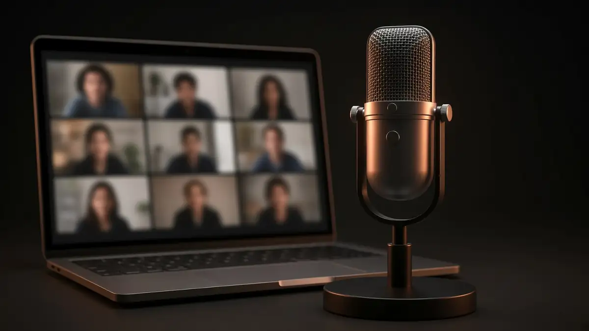 Notebook no escuro com uma grade de silhuetas desfocadas numa videochamada