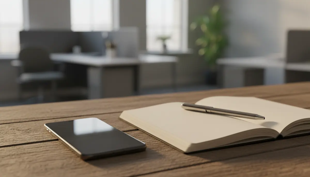 Celular virado para baixo sobre a mesa ao lado de um caderno aberto