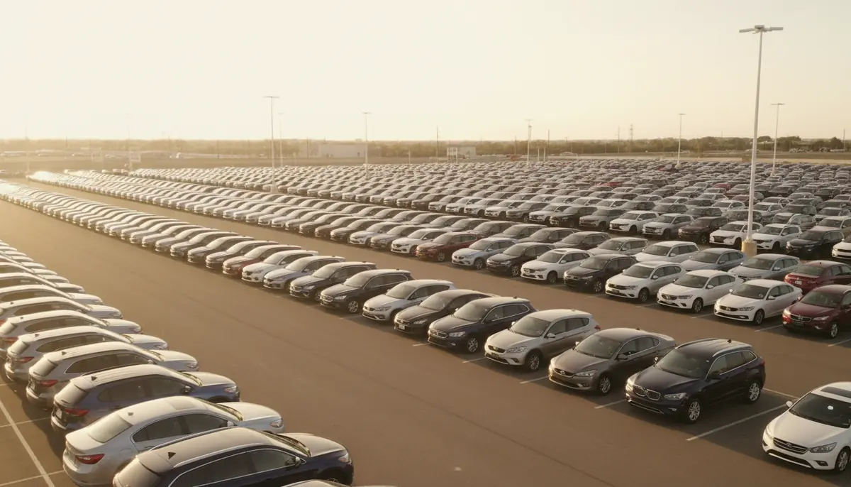 Fileiras de carros estacionados em um pátio vazio ao entardecer, vistos de longe