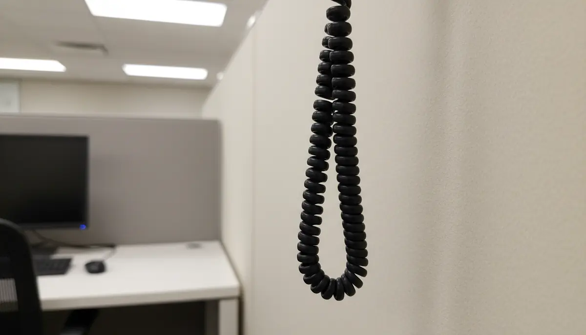 Fio espiralado de telefone pendurado numa baia de call center vazia
