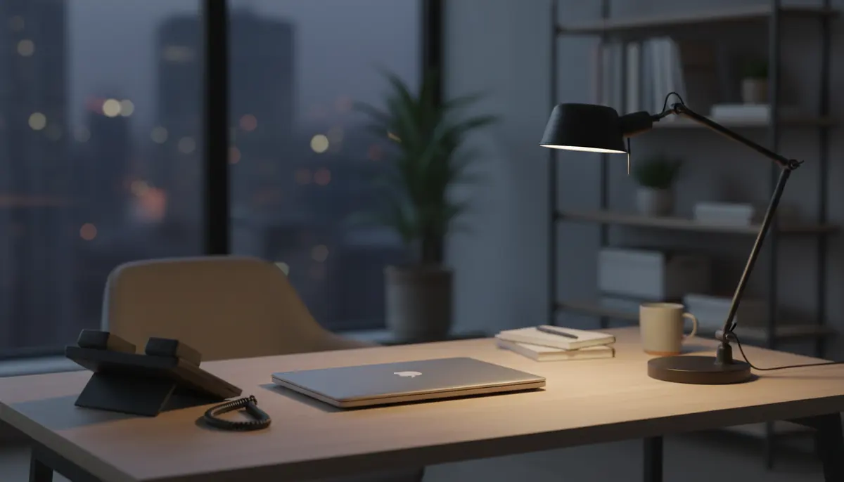 Telefone de mesa ao lado de um notebook fechado em um escritório à noite, iluminado por uma luminária