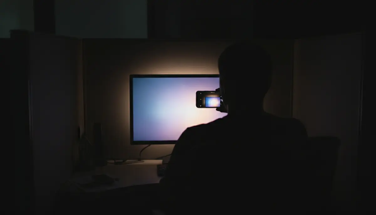 Celular erguido fotografando a tela desfocada de um computador em uma baia escura