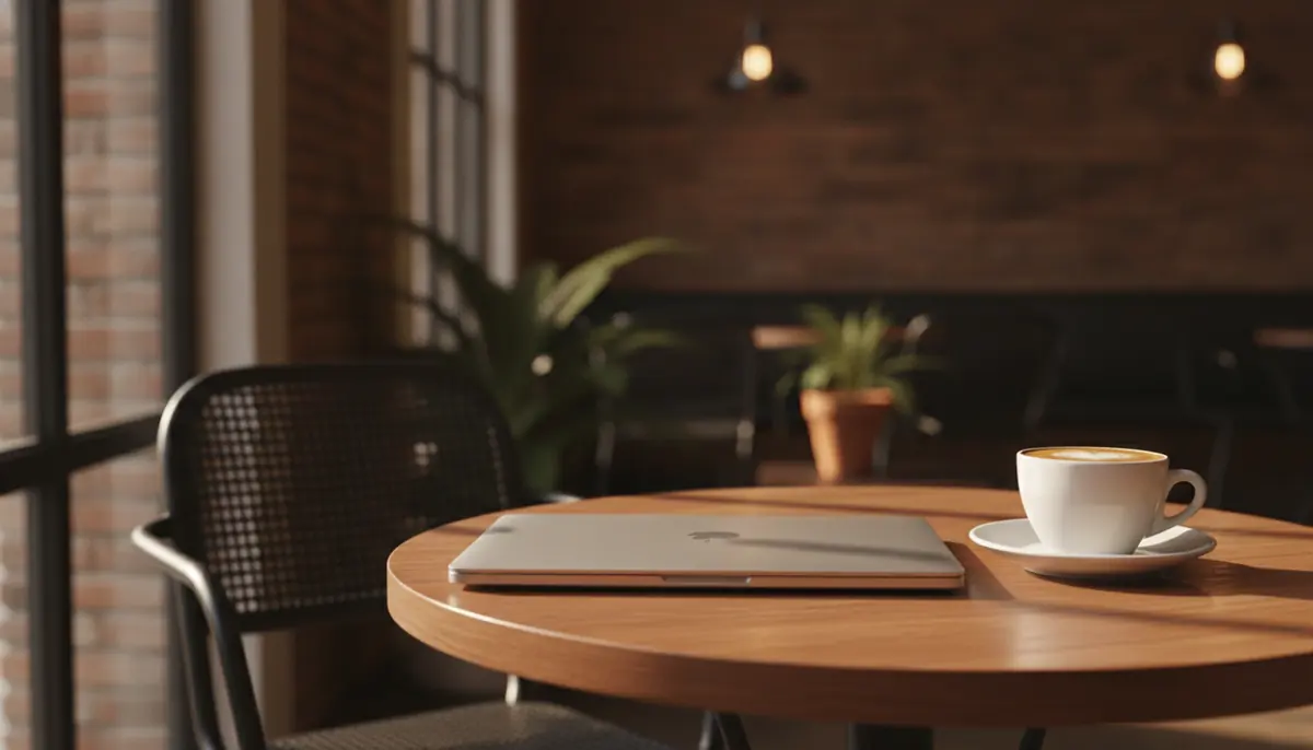 Notebook fechado sobre mesa de café ao lado de uma xícara, com a cadeira afastada