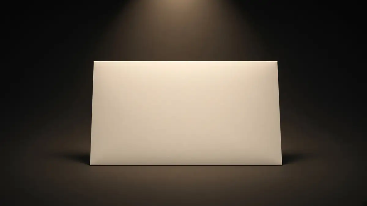 Um único envelope em branco sobre uma mesa escura, sob um foco de luz