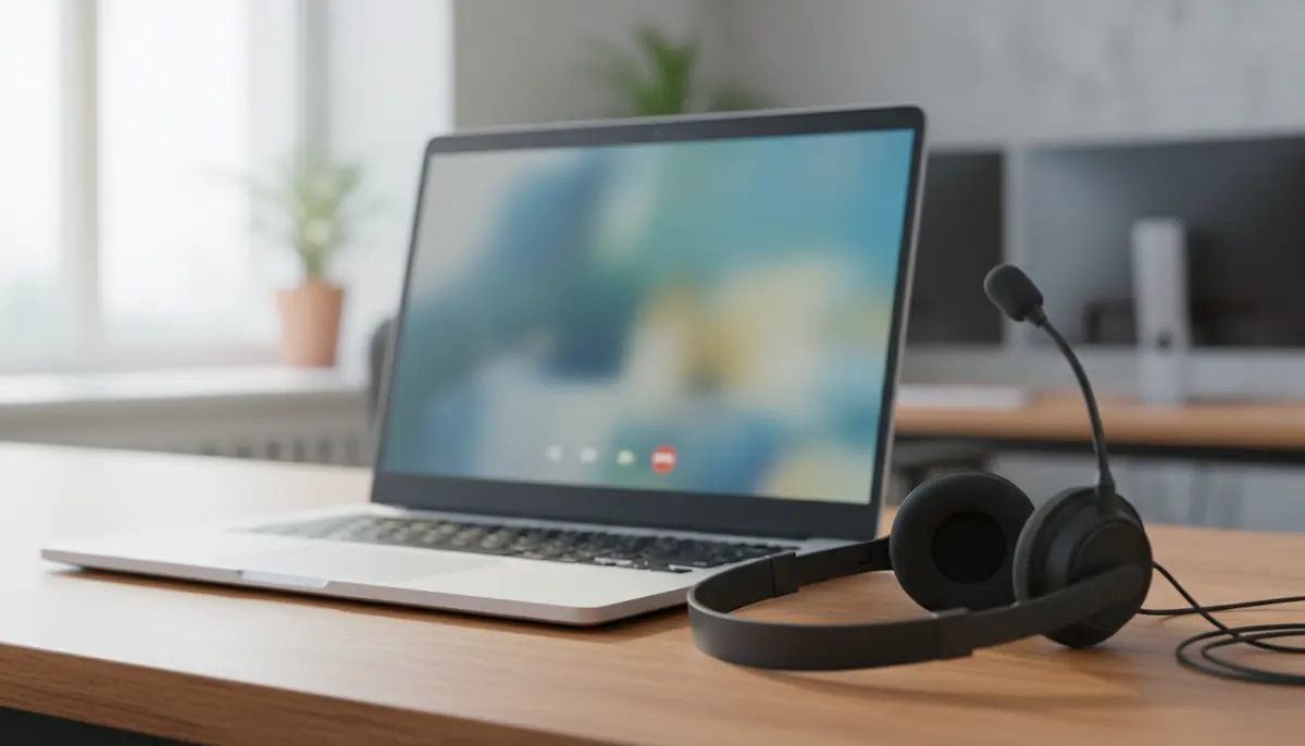 Tela de notebook com uma interface de videochamada desfocada e um headset ao lado