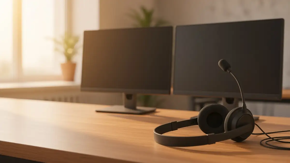 Mesa de atendimento vazia com um headset e dois monitores apagados sob a luz da tarde