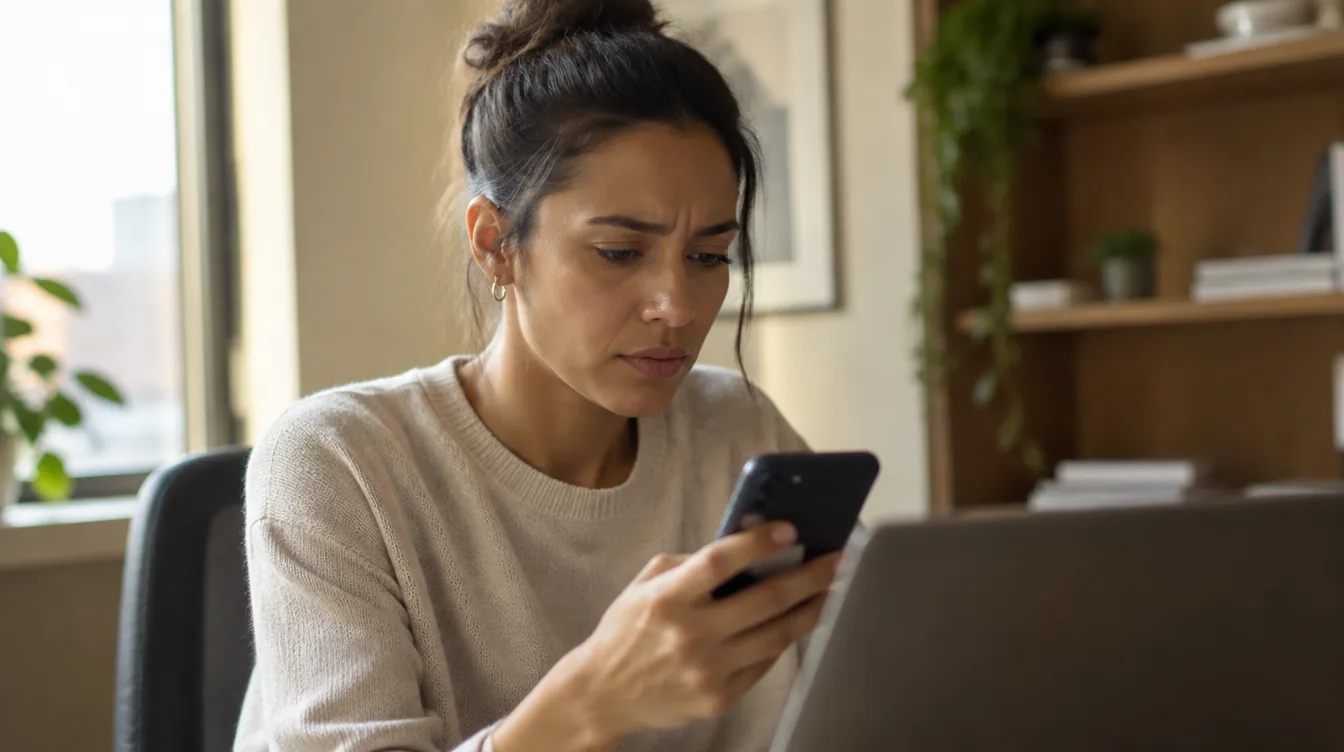 Pessoa lendo uma mensagem no celular no posto de trabalho, com o notebook aberto na frente
