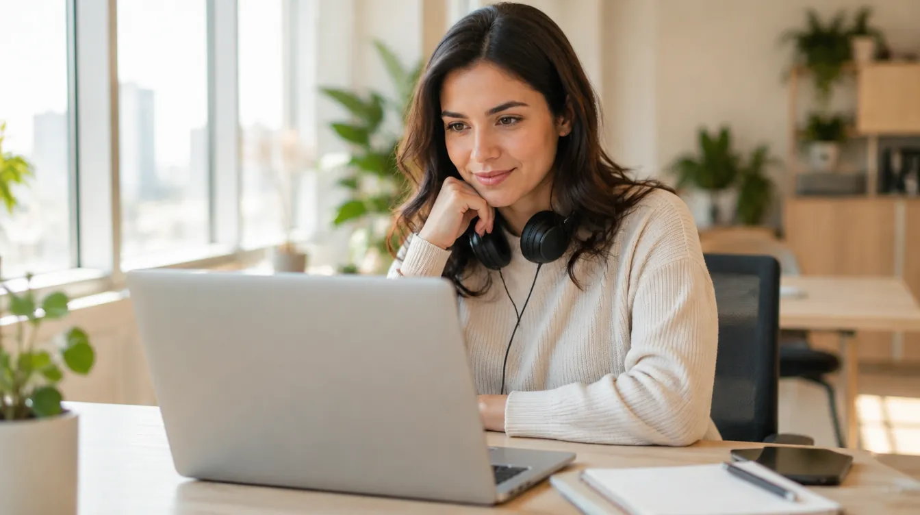 Pessoa assistindo a um vídeo curto de treinamento no laptop, no próprio posto de trabalho